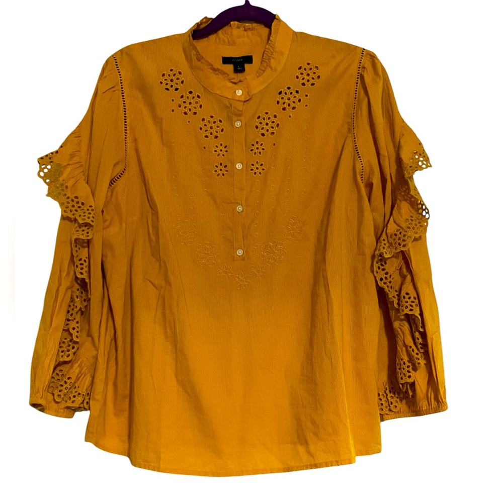 J. Crew Ruffle-Sleeve Blouse ‎ Embroidered Eyelet Large Mustard Yellow
AR971 New
